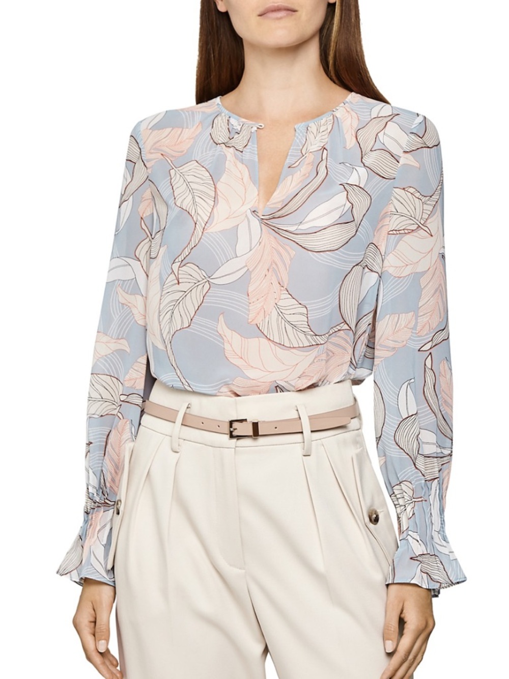 Reiss sheer leaf print blouse with Long-Sleeves